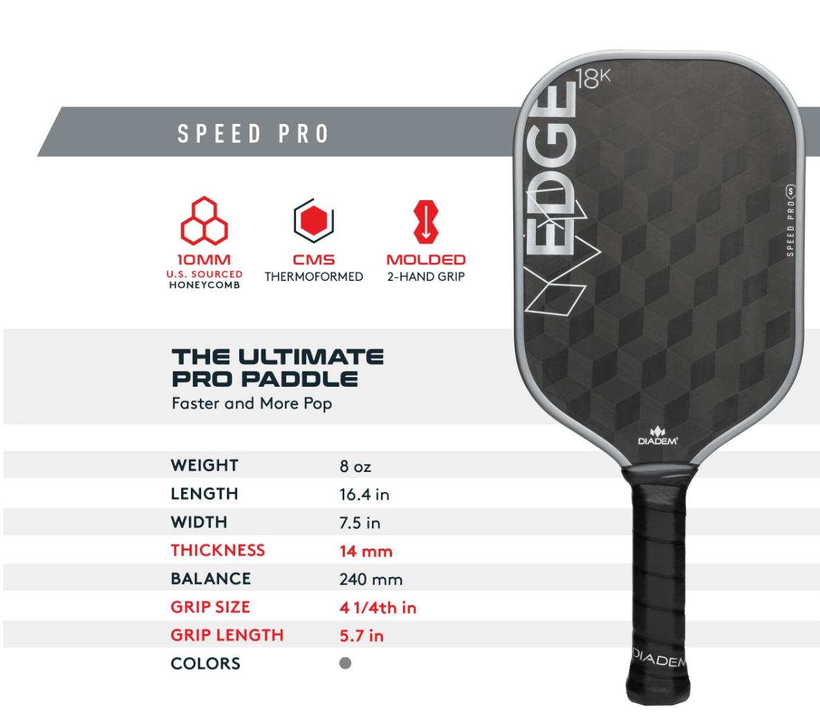 Diadem Edge 18k Speed Pro Pickeball Paddle specifications
