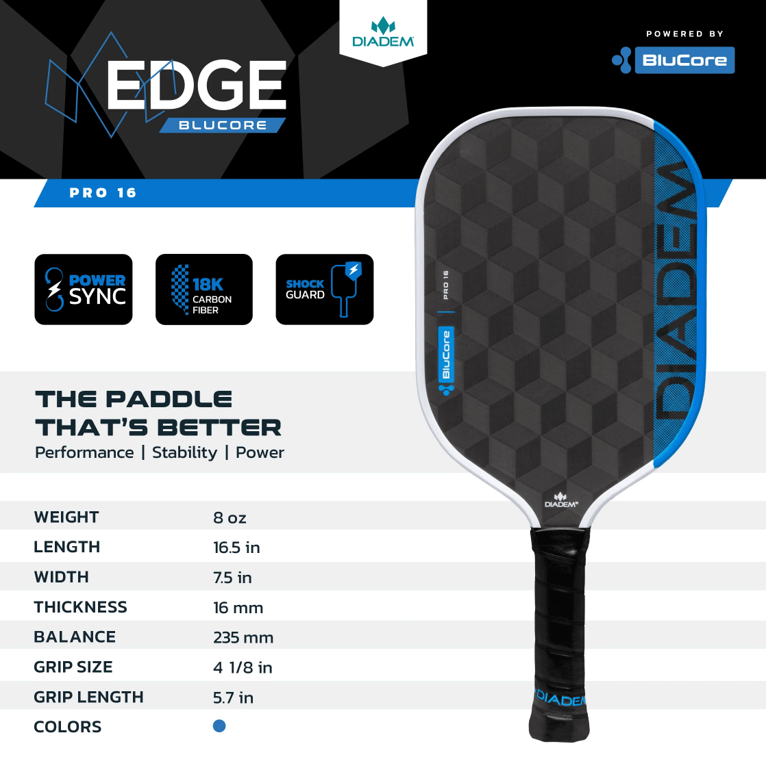 Diadem Edge BluCore Pro 16mm Pickleball Paddle Specifications