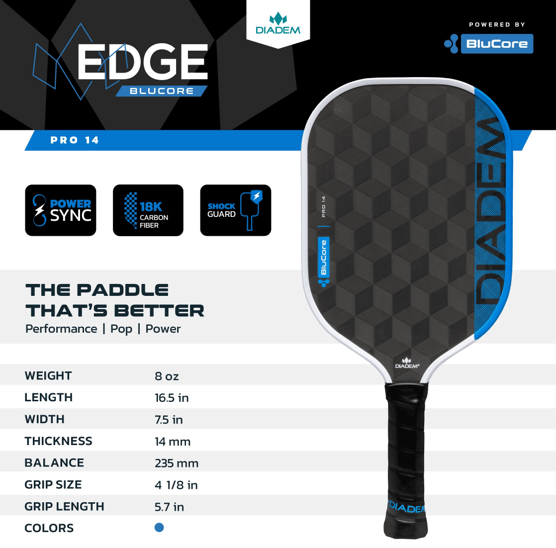 Diadem Edge BluCore Pro 14mm Pickleball Paddle Specifications
