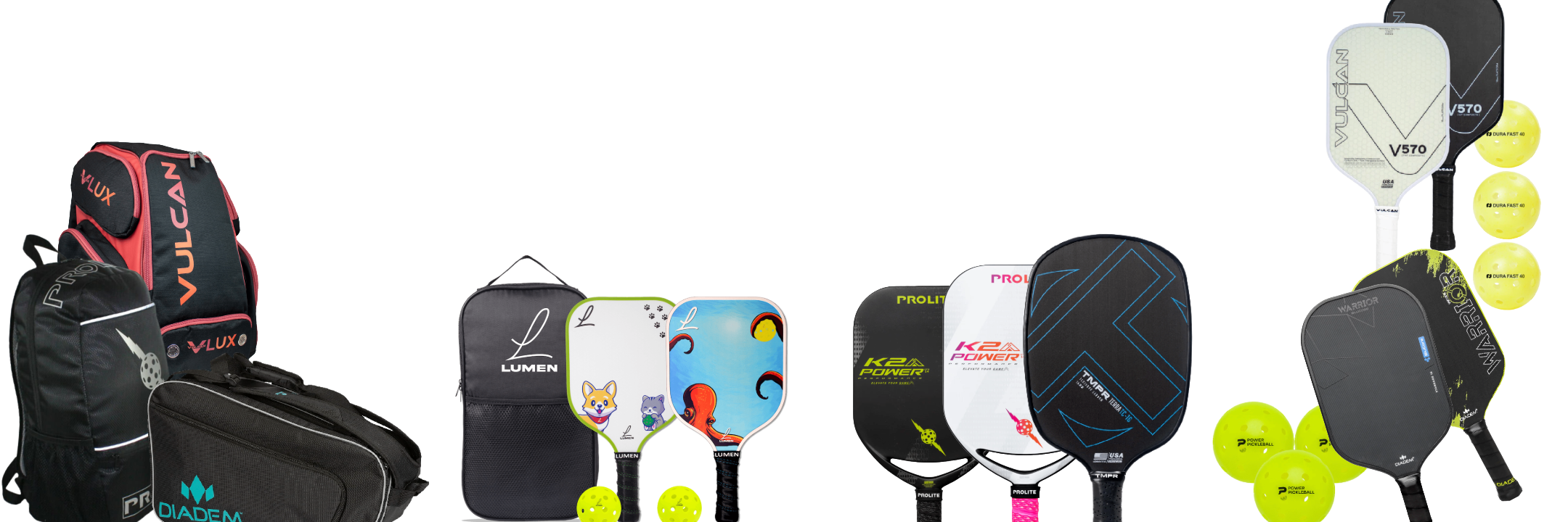 Collection of pickleball paddles and bags on a white background