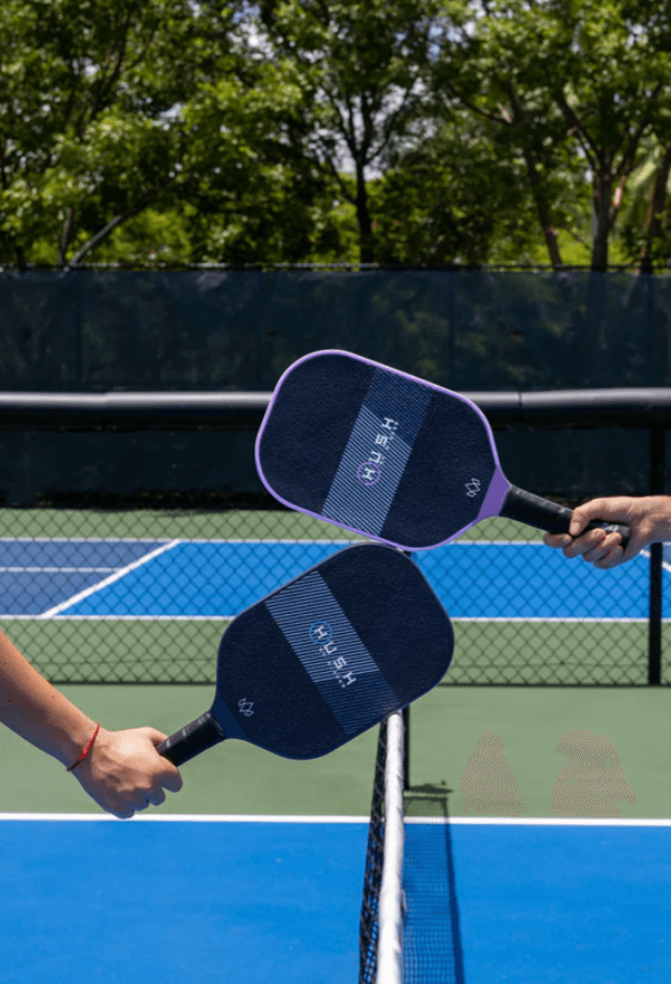Two Diadem Hush Pickleball Paddles touching over net