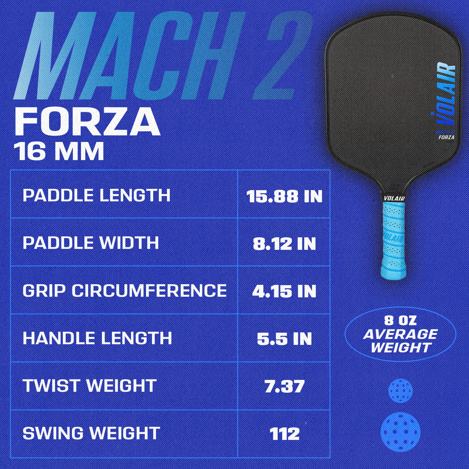 Volair Mach2 Forza 16mm Pickleball Paddle specs