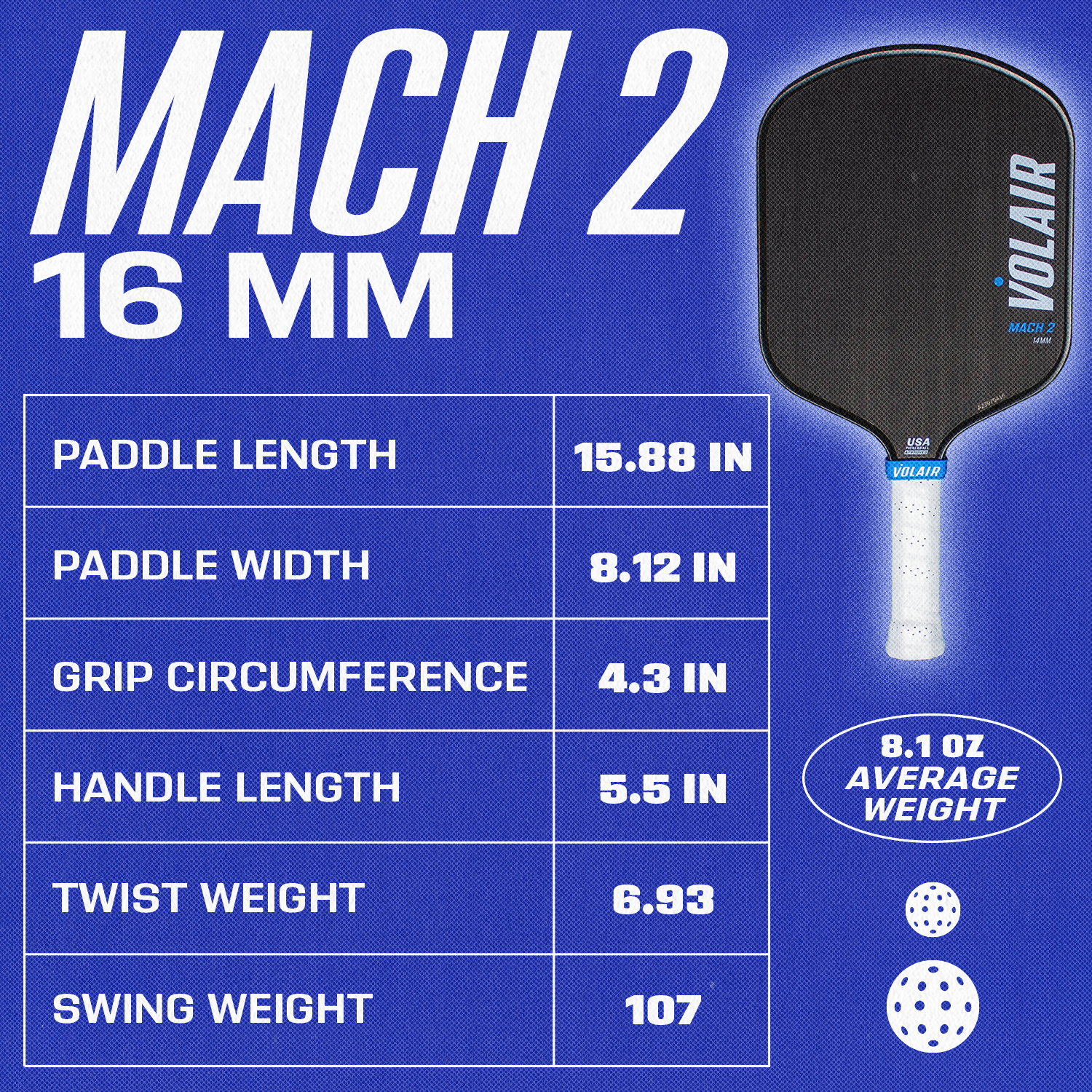 Volair Mach2 16mm Pickleball Paddle specs