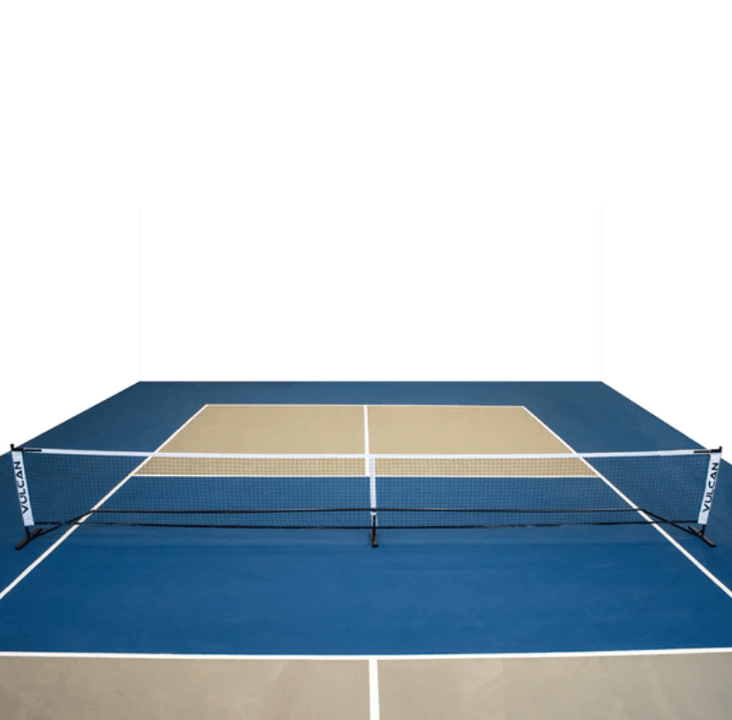 Vulcan portable pickleball net set up on a pickleball court