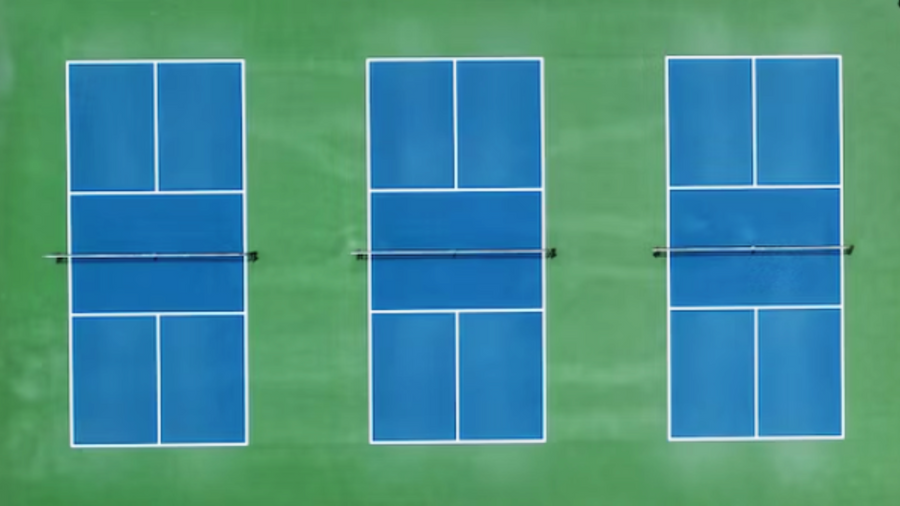 Overhead view of pickleball court layout showing court dimensions and non-volley zone