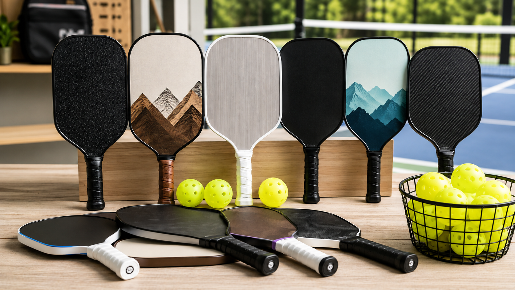 Best pickleball paddles for beginners displayed on a table with beginner-friendly paddle shapes and pickleballs