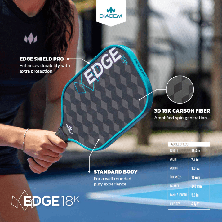 Player holding Teal Diadem Edge 18k Pickleball Paddle in hand