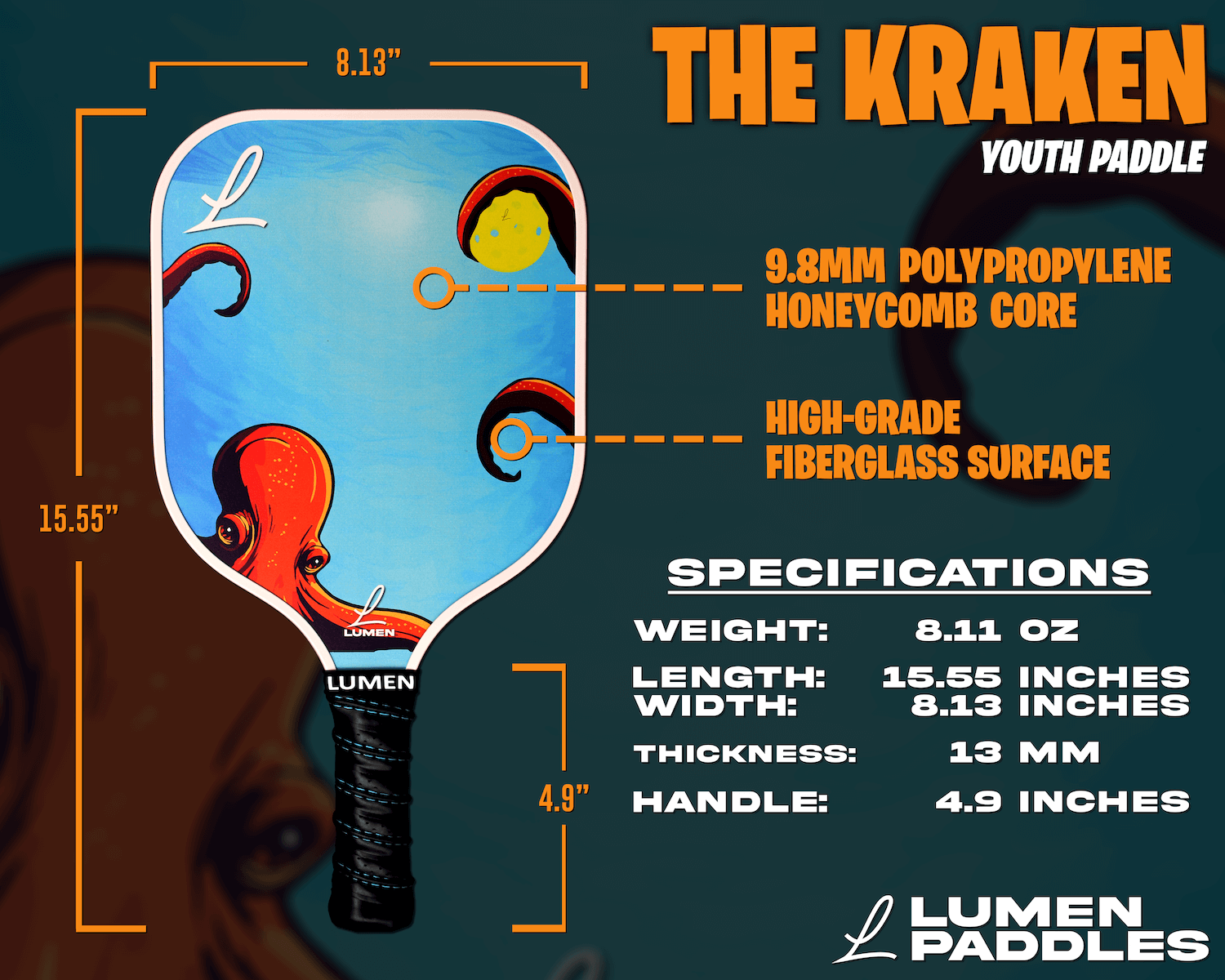 Lumen Paddles Kraken Youth Pickleball Paddle Specifications