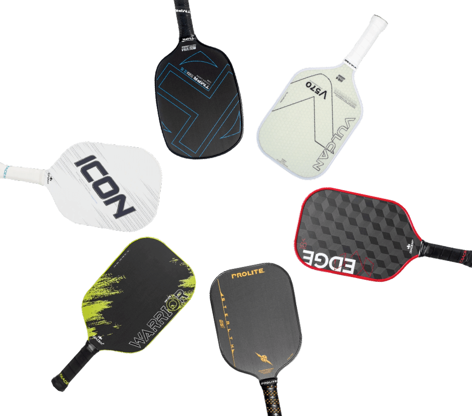 Pickleball paddle collection graphic featuring paddle from top brands