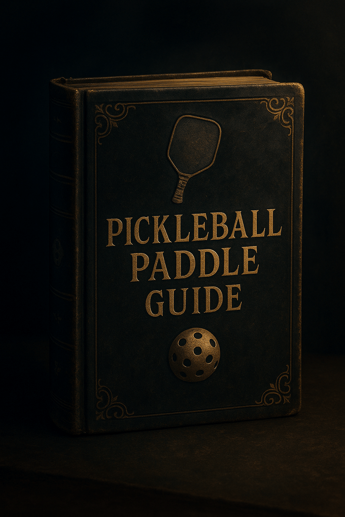 Book titled 'Pickleball Paddle Guide' with pickleball paddle and ball illustrations on a dark background