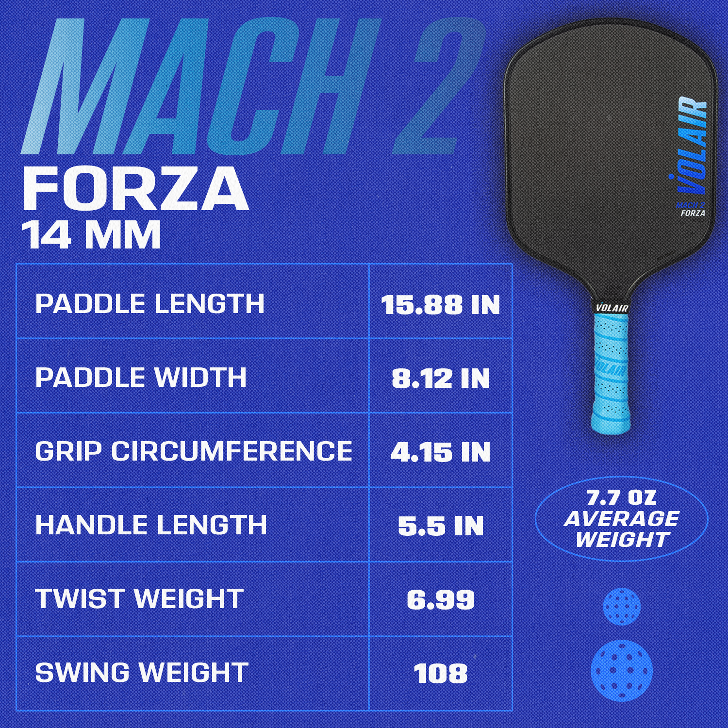 Volair Mach2 Forza 14mm Pickleball Paddle specs