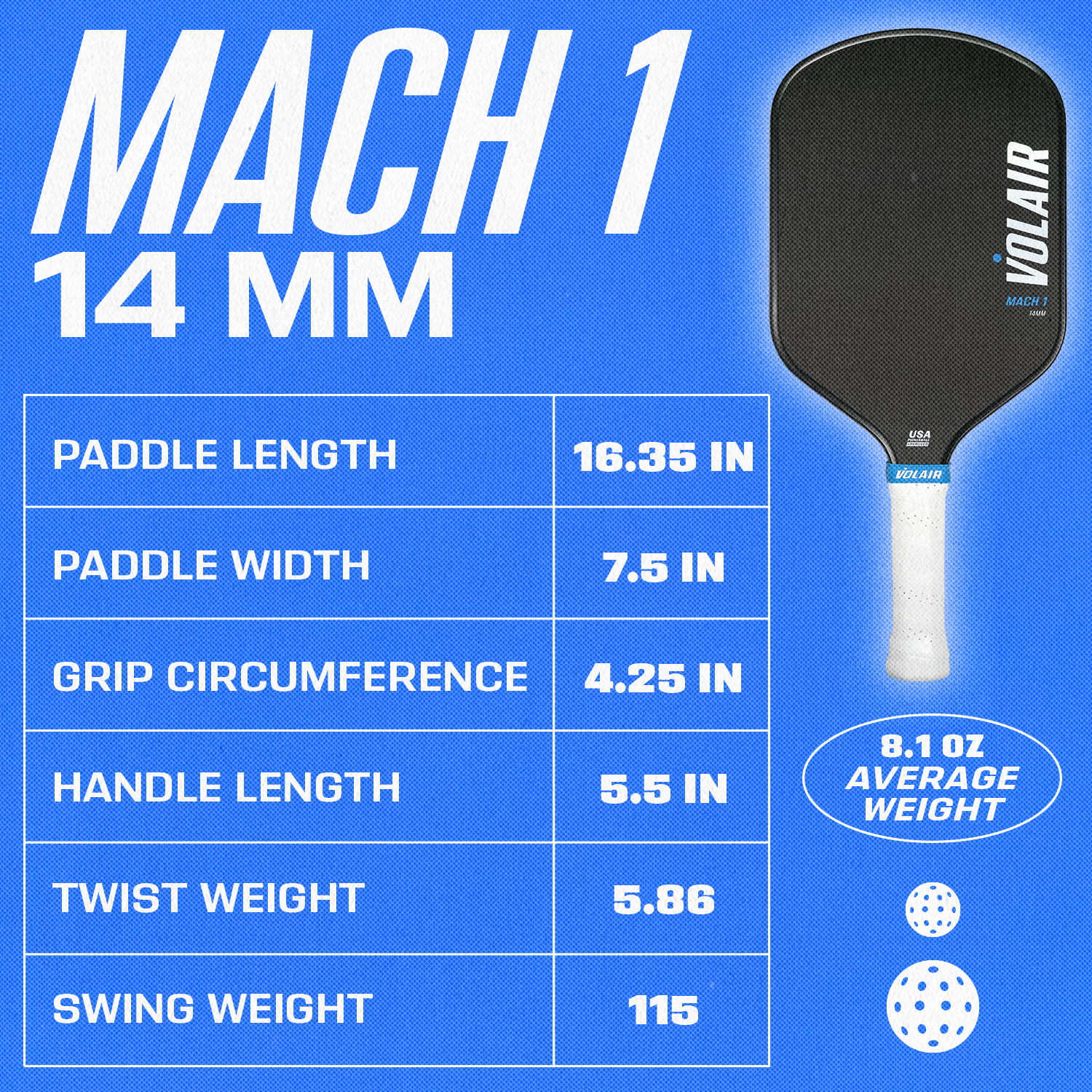 Volair Mach1 14mm Pickleball Paddle specs