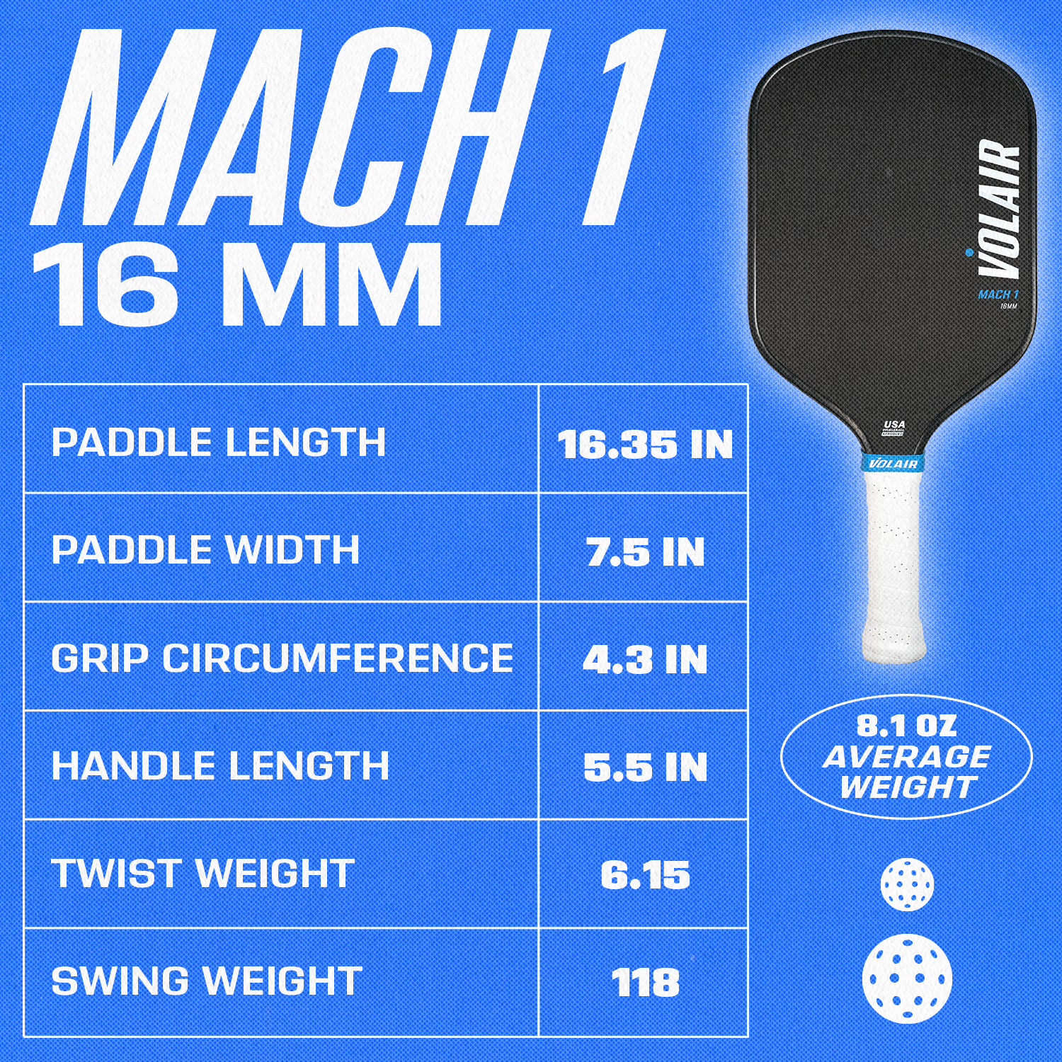 Volair Mach1 16mm Pickleball Paddle specs